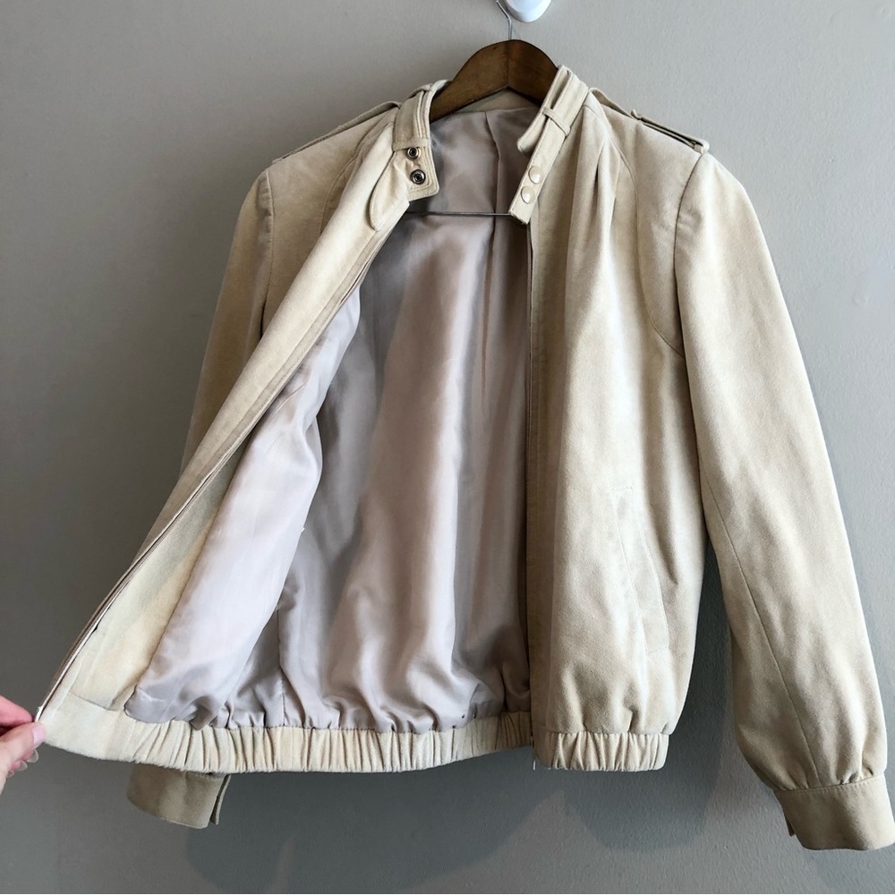 Vintage Olympic Faux Suede Bomber Jacket Tan Cream Size 6 - Picture 7 of 13